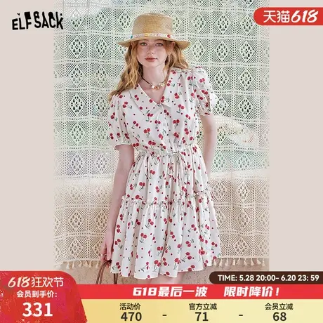 妖精的口袋樱桃印花收腰连衣裙女2025年夏季新款甜美气质短款裙子图片