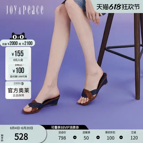 真美诗官方奥莱2024夏季复古拼接方头坡跟凉拖鞋YXR05BT4图片