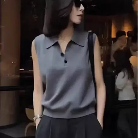 冰丝针织工字背心无袖挂脖女2025新款夏季外穿高级感翻领坎肩上衣图片