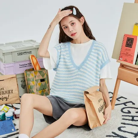 唐狮春秋款V领条纹背心叠穿少女感减龄温柔百搭马夹毛衣外搭背心商品大图