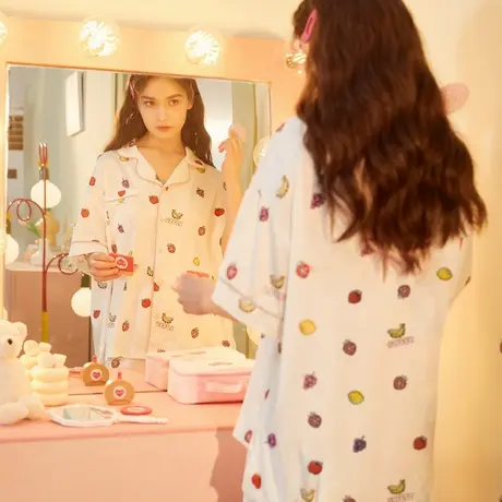 唐狮可外穿家居服遛弯大码两件套套装水果满印冰丝睡衣女短袖开衫商品大图