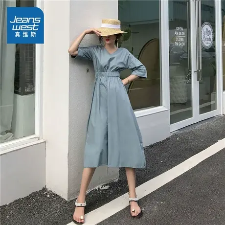 LE真维斯女装2025年春季新款纯色V领休闲淑女短袖连衣裙女士长裙图片