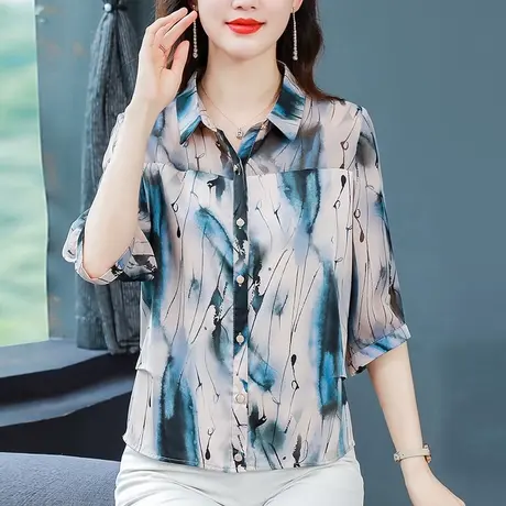 中袖雪纺衬衫女夏季2023年新款别致减龄洋气中年妈妈上衣七分袖女图片