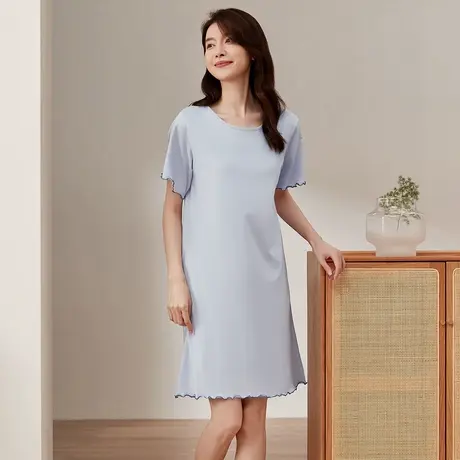 顶瓜瓜睡裙女夏季款100%棉简约纯色系列圆领开衫女士甜美短袖睡裙商品大图
