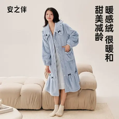 安之伴睡袍女士秋冬季珊瑚绒加绒加厚冬款保暖浴袍睡衣中长款睡裙商品大图