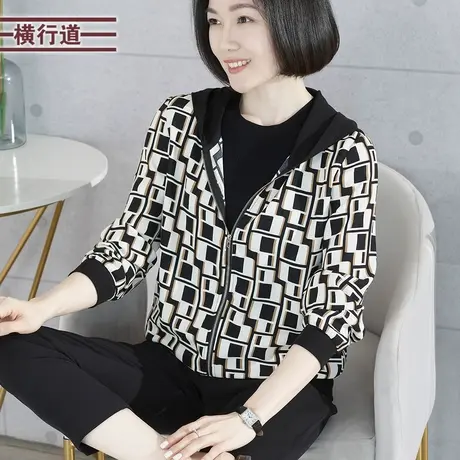 2023新款冬装妈妈长袖连帽拉链印花雪纺外套韩版大码女装上衣外穿商品大图
