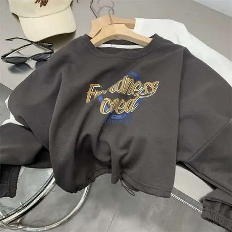 2023早秋新品设计感短款字母抽绳卫衣女薄款宽松百搭休闲圆领上衣图片