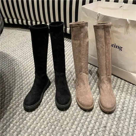 英伦风长筒靴时尚弹力瘦瘦靴女秋冬季新款中跟长靴胖mm粗腿高筒靴商品大图