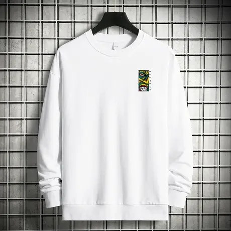 重磅纯棉白色卫衣男生小熊圆领无帽上衣秋冬款摇粒绒加厚保暖长袖商品大图