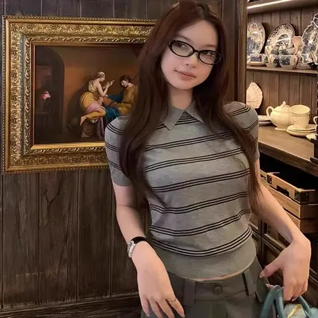 撞色条纹polo领针织衫短袖T恤女夏设计感短款超好看独特漂亮上衣商品大图