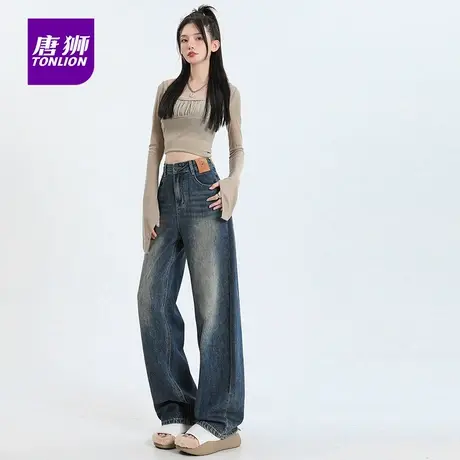 唐狮美式复古辣妹直筒牛仔裤女2025新款休闲垂感百搭宽松阔腿裤AX商品大图
