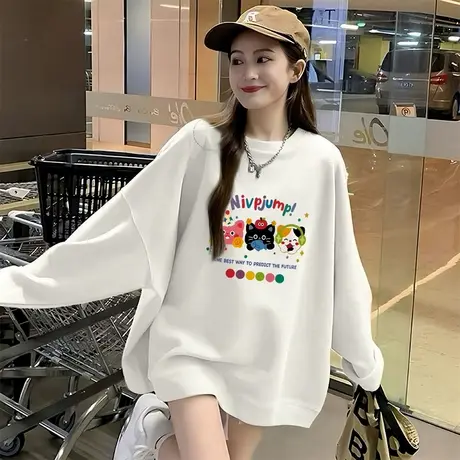 韩系独特超好看卫衣女2025新款秋季宽松白色卡通印花圆领百搭上衣商品大图