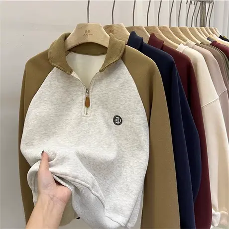 插肩袖撞色拼接卫衣女初秋百搭薄款宽松显瘦半拉链POLO领长袖上衣商品大图