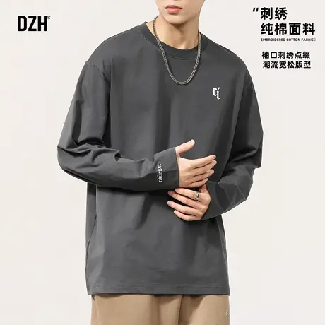 男士灰色纯棉长袖t恤男2025新款打底衫内搭潮牌男装刺绣圆领上衣商品大图