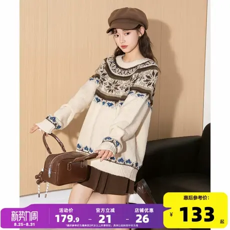 唐狮2025女圆领毛衣女休闲慵懒风费尔岛提花杏色小个子毛线衫时尚商品大图