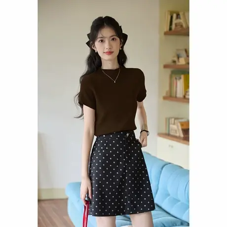 弥古短袖咖色针织上衣女2025新款春秋美拉德修身半高领内搭打底衫图片