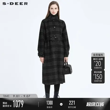 sdeer圣迪奥冬时尚格纹立领收腰中长款通勤毛呢大衣外套S20481867图片