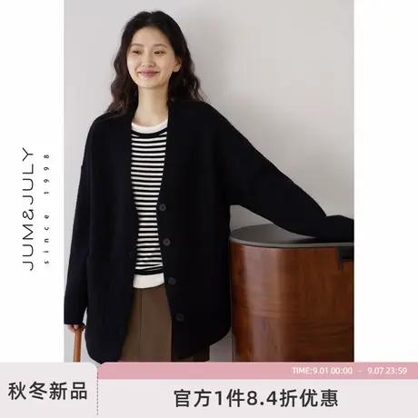 嘉茱莉中长款针织开衫外套女2025秋季新款宽松上衣V领毛衣毛衫商品大图