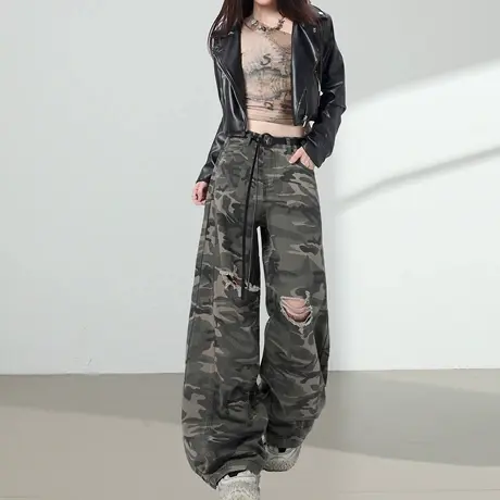 迷彩破洞阔腿香蕉裤女2025秋季新款高腰宽松显瘦直筒休闲拖地裤子商品大图