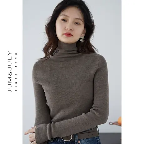 嘉茱莉2023秋季新款堆堆领羊毛针织上衣女短款修身打底衫1OO羊毛商品大图