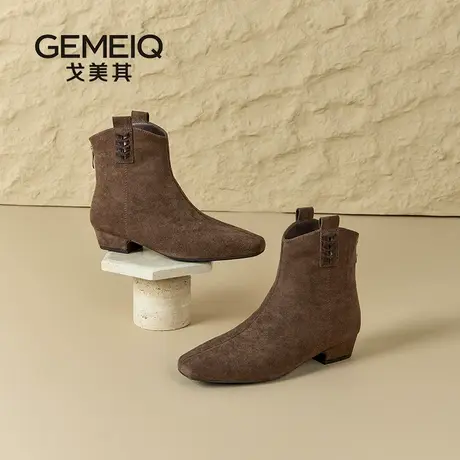 戈美其2025新款复古方头短靴女粗跟高跟鞋气质百搭时装靴瘦瘦靴女图片