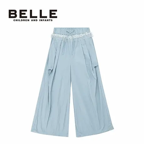百丽童装女童高腰系带阔腿裤2026春季新款蕾丝拼接休闲长裤中大童图片