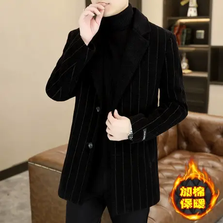 男士中长款西装领毛呢大衣秋冬季潮流英伦风条纹夹棉加厚风衣外套图片