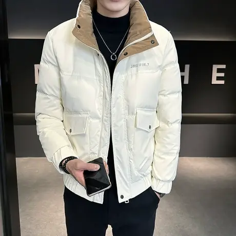 短款轻薄羽绒服男撞色冬季轻熟立领防寒服青年帅气保暖白鸭绒外套图片