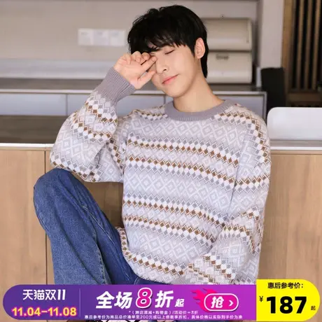 唐狮2023几何满身花男毛衣冬季新款慵懒风复古圆领针织衫男毛衫潮图片