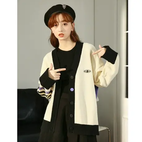 唐狮撞色拼接开衫毛衣女春秋外套超好看的毛线衫氛围感慵懒风上衣商品大图