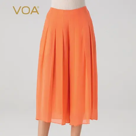 VOA桑蚕丝乔其纱柚橙色松紧腰口袋褶皱宽松百搭双层真丝七分裤女图片