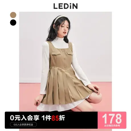 乐町底摆拼接背带裙休闲夏季新款系带通勤装早秋女气质黑色连衣裙图片