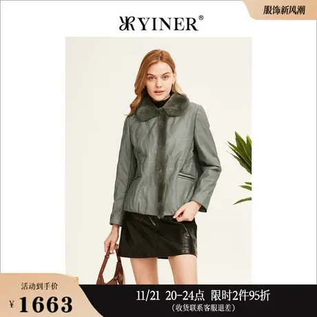 YINER音儿线上专选女装冬季保暖兔毛领绵羊皮真皮骆驼绒皮草外套图片