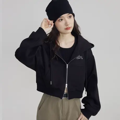 尔给美式复古黑色连帽开衫短款夹克外套女小个子春秋款2023新款商品大图