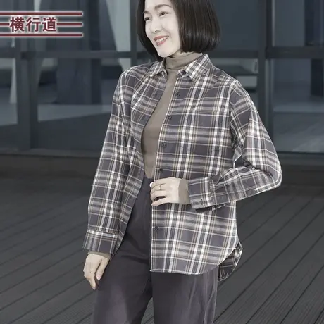 港风复古翻领格子宽松衬衣外套女装春季韩版休闲长袖上衣2024新款图片