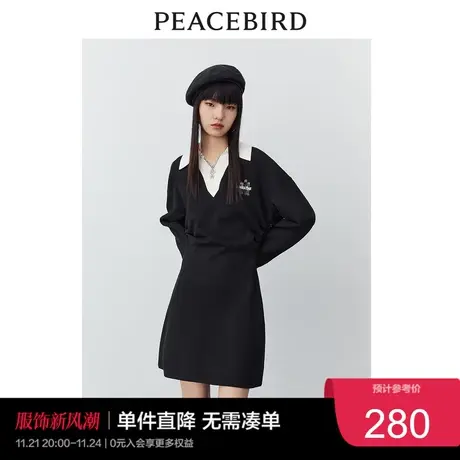 太平鸟 2023年春季POLO领针织连衣裙刺绣长袖高腰a字裙女奥莱图片