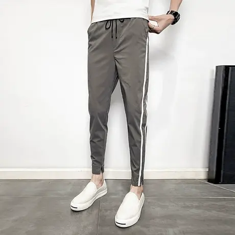 夏季男士休闲裤九分裤裤子修身潮流薄款运动网红个性百搭条纹小脚商品大图