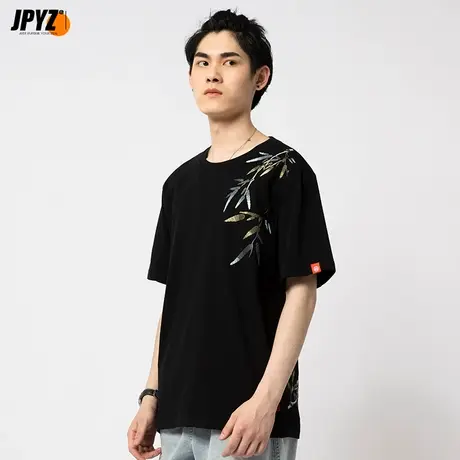 2023新夏季国竹刺绣纯棉修身男士短袖t恤衣服国潮流半袖潮牌体恤图片