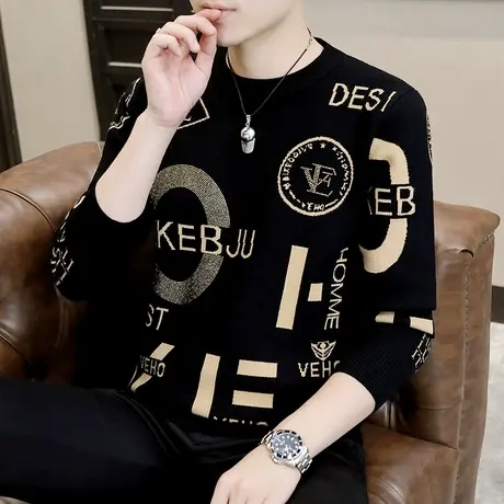 秋冬季毛衣男加绒加厚保暖打底衫潮牌帅气欧美风个性烫钻针织上衣图片