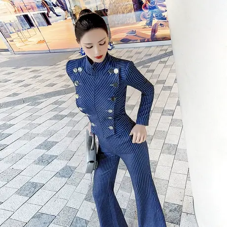 VJE春装小众设计感多穿条纹连体裤新款修身显瘦英伦风连身裤图片