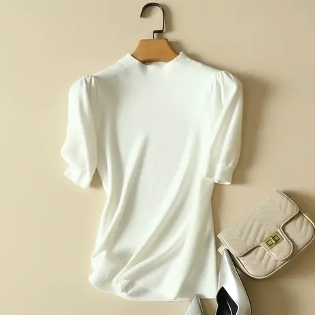 五分袖打底衫女春装时尚洋气内搭半高领修身气质中袖毛衣针织上衣图片