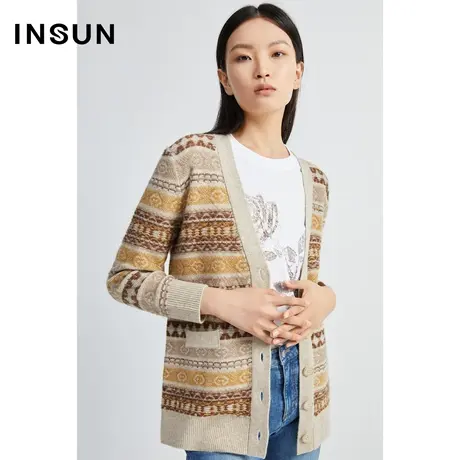 INSUN恩裳线上专选秋季提花复古慵懒风针织衫开衫图片
