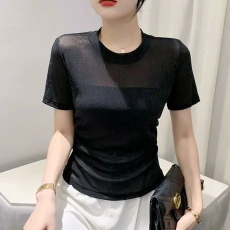 性感网纱上衣设计感小众女夏装新款洋气圆领T恤短袖修身百搭小衫图片