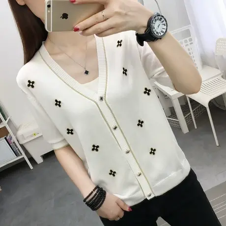 冰丝开衫女2022年春夏新款宽松v领刺绣防晒衫薄款短袖上衣洋气女商品大图