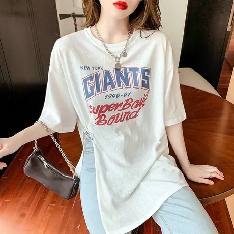 欧货纯棉中长款T恤女短袖设计感小众不规则开叉宽松显瘦上衣ins潮图片