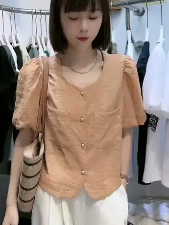 欧货薄款衬衫女短袖2023夏季新款别致减龄泡泡袖韩范小衫百搭上衣图片