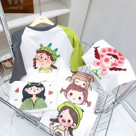 夏季新款微胖女孩显瘦穿搭~ins学院港风童趣印花宽松纯棉撞色T恤图片