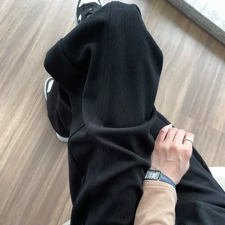 黑色窄版休闲阔腿裤女2023秋季新款高腰垂感针织抽绳直筒拖地裤子图片