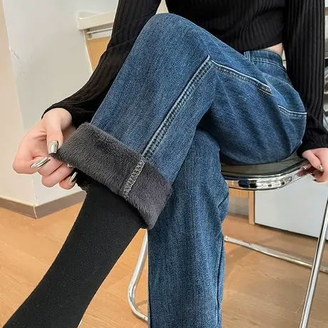 加绒加厚直筒牛仔裤女秋冬新款小个子高腰显瘦保暖九分复古烟管裤图片