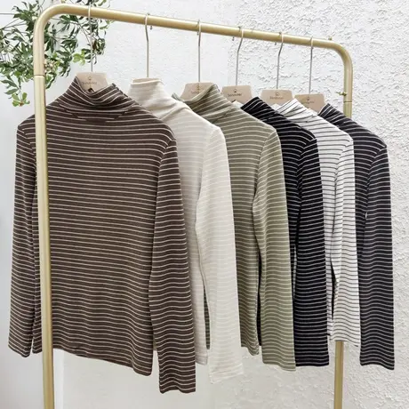 高领条纹打底衫女士长袖秋冬内搭气质2021秋季百搭上衣t恤打底衣商品大图